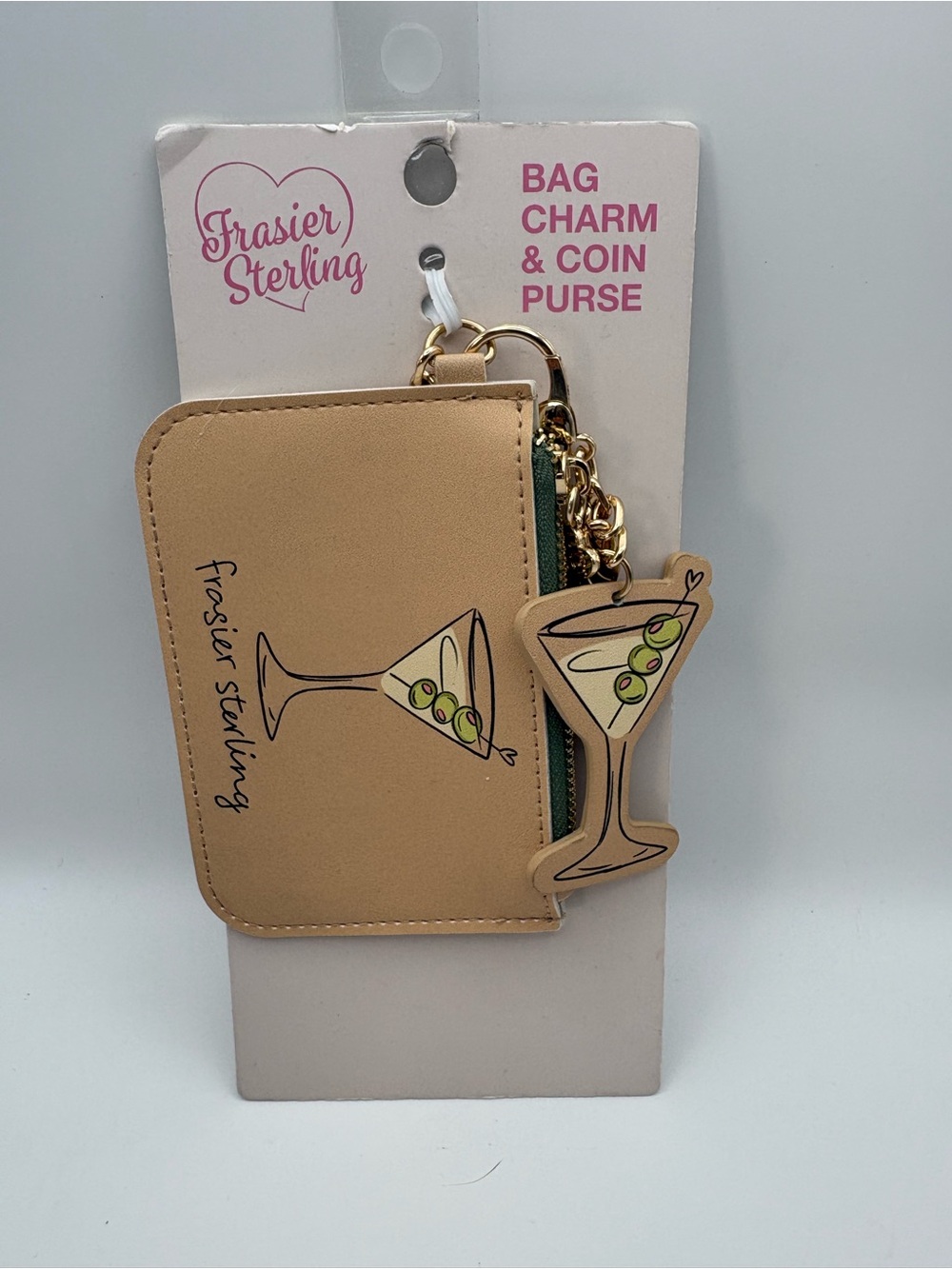 Frasier Sterling Tan Martini Bag Charm & Coin Purse with Gold Tone Accents